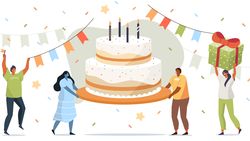 Die Grafik zeigt eine Geburtstagsparty mit Menschen, einer Torte und viel Konfetti.