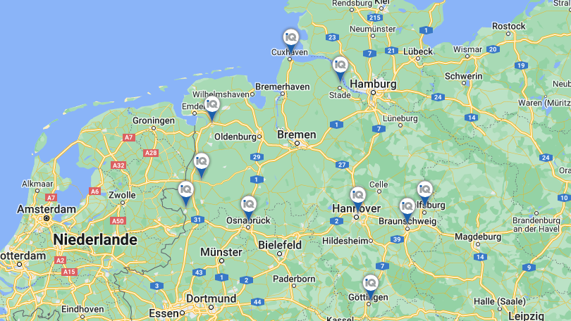 Die Karte zeigt die Standorte der IQ Beratungsstellen in Niedersachsen