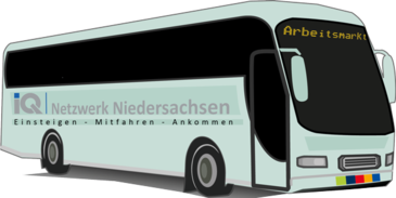 Das Bild zeigt einen Bus auf dem steht "IQ Netzwerk Niedersachsen"